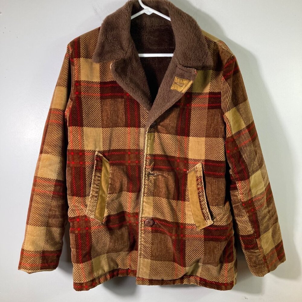 Mens Vintage 70s Plaid Corduroy Faux Fur Jacket Thrashed Brown Red‎ M Flaw